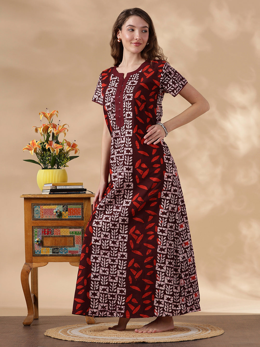 Maroon Batik Soft Daily Wear Pure Cotton Best Womens Nighty