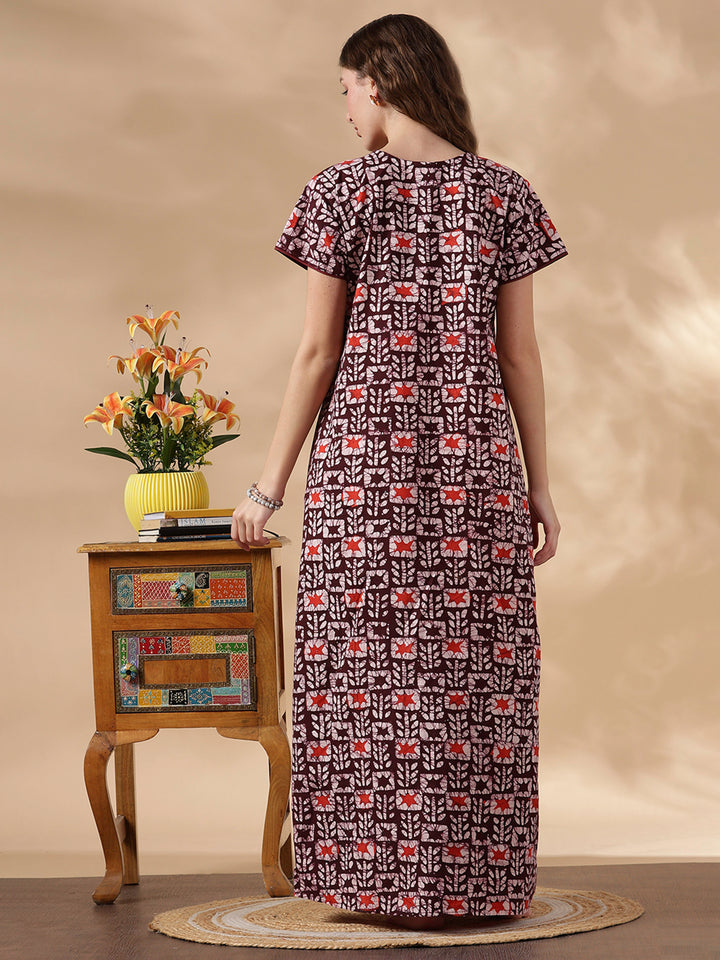Maroon Batik Soft Daily Wear Pure Cotton Best Womens Nighty