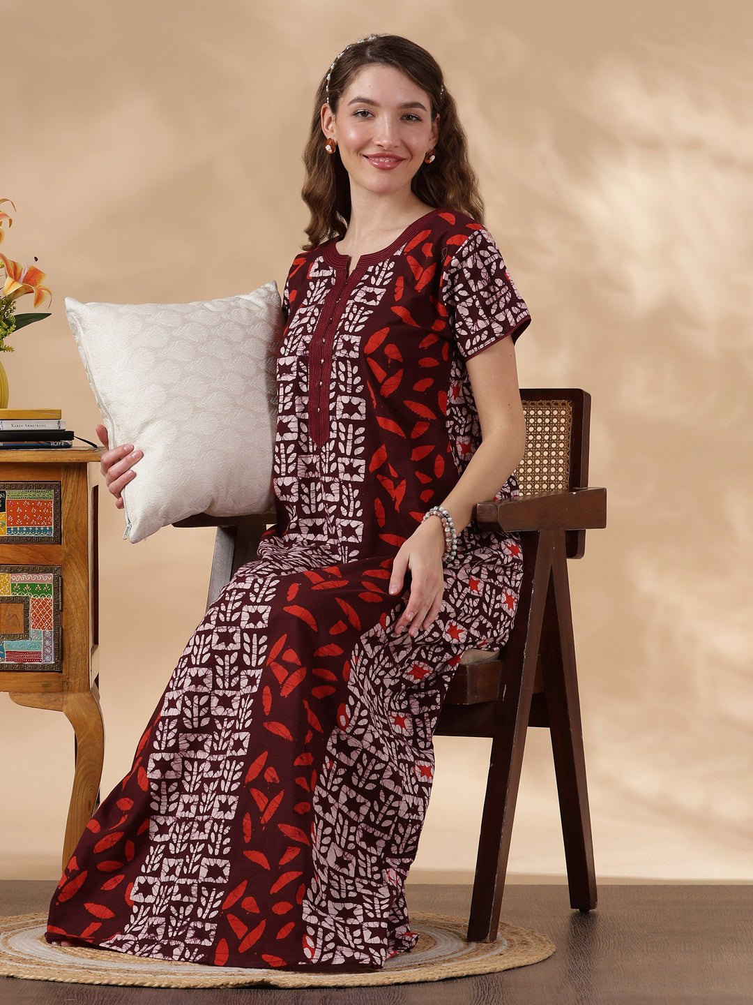 Maroon Batik Soft Daily Wear Pure Cotton Best Womens Nighty