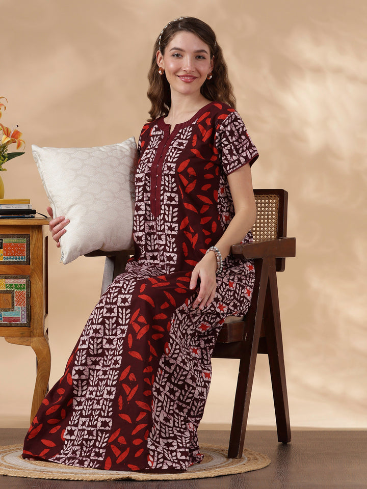 Maroon Batik Soft Daily Wear Pure Cotton Best Womens Nighty