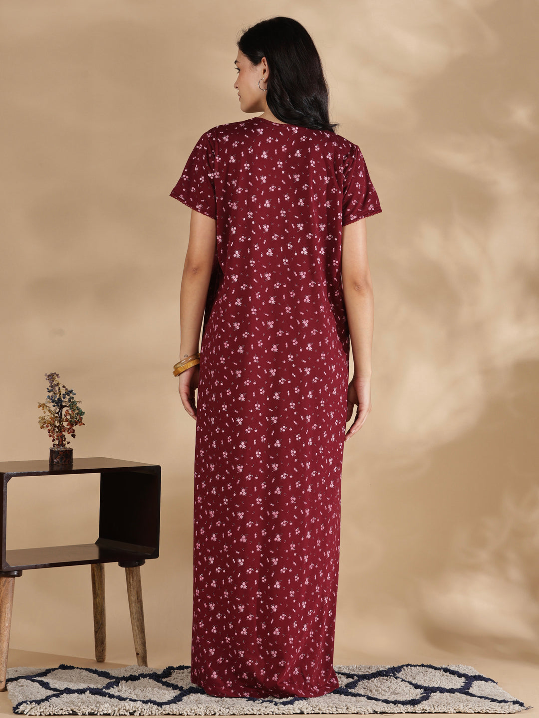 Maroon floral cotton blend nightydress for women online