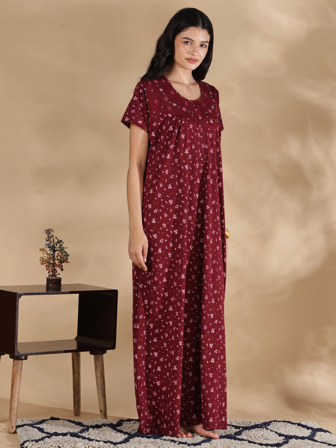 Maroon floral cotton blend nightydress for women online