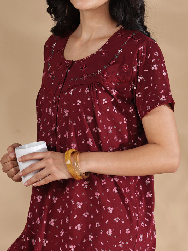 Maroon floral cotton blend nightydress for women online