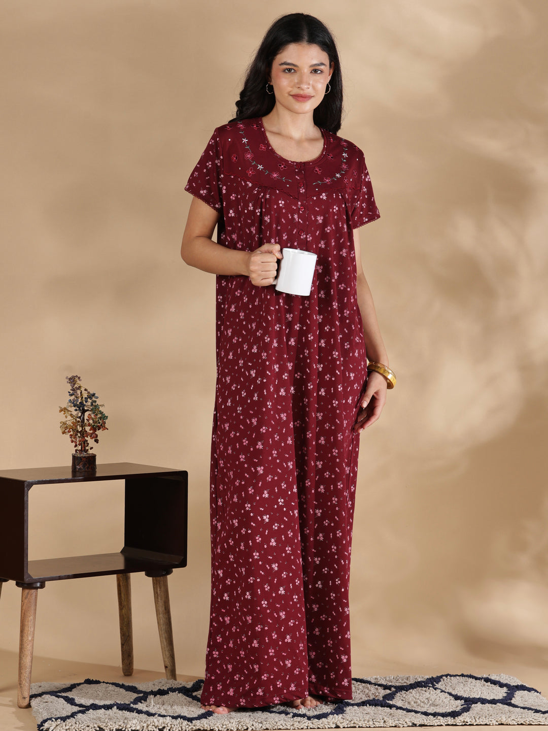 Maroon floral cotton blend nightydress for women online