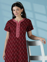 Maroon Ikat Print Pure Cotton Nightgown for Women A Line Comfort Fit