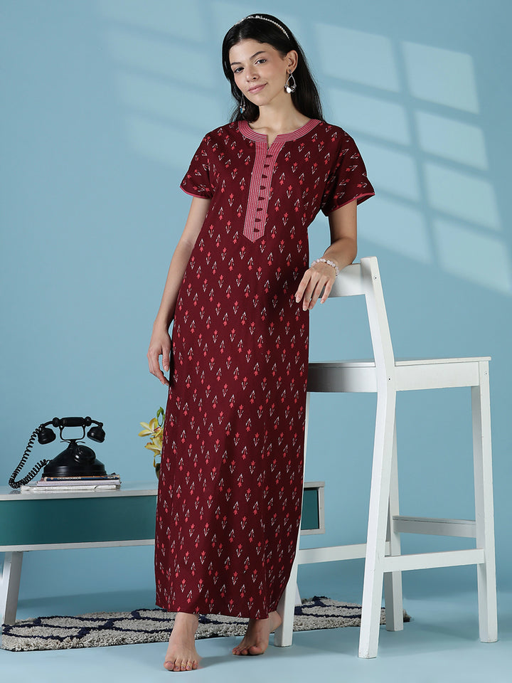 Maroon ikat print comfortable pure cotton nighty for women