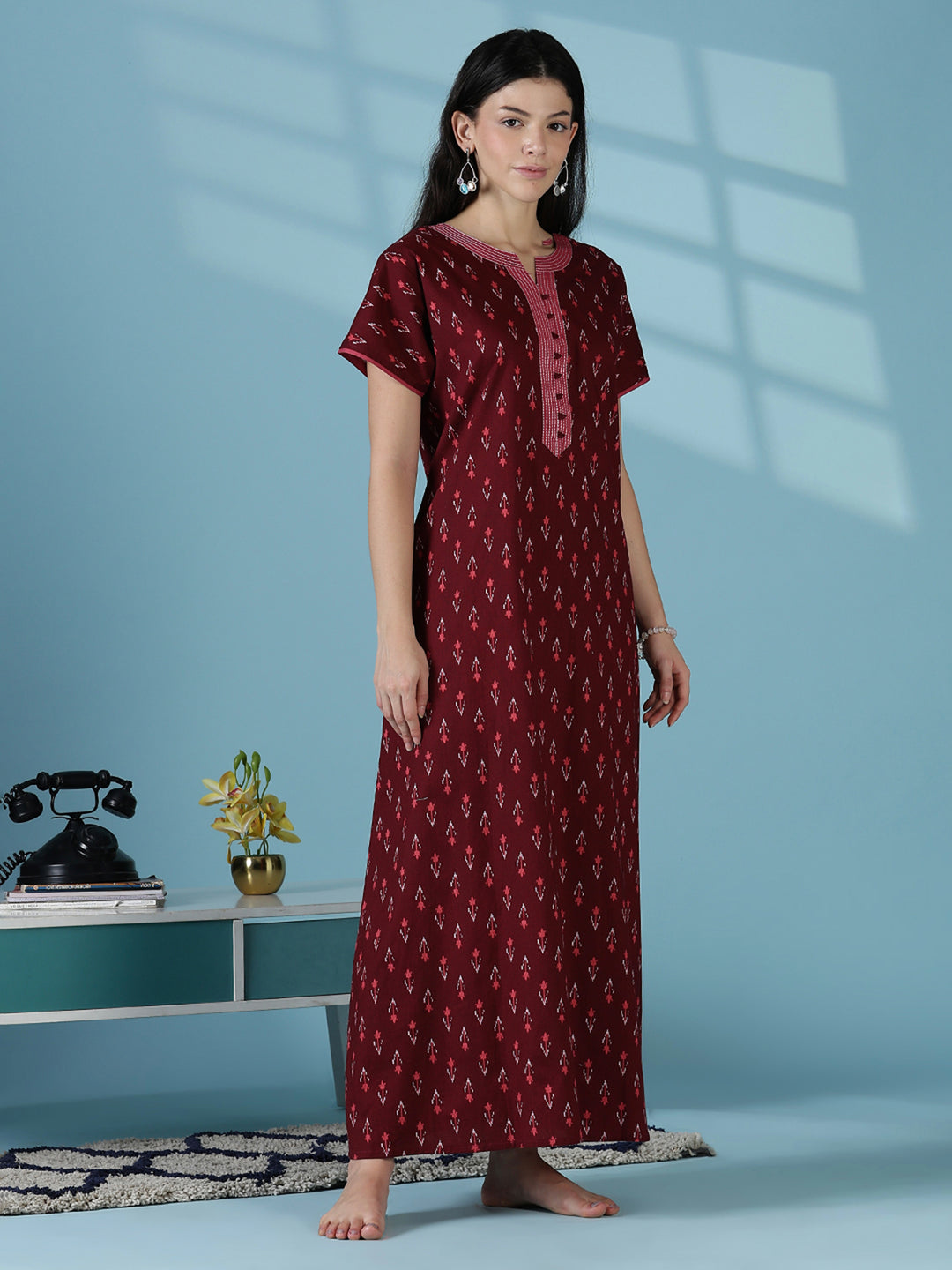 Maroon ikat print comfortable pure cotton nighty for women