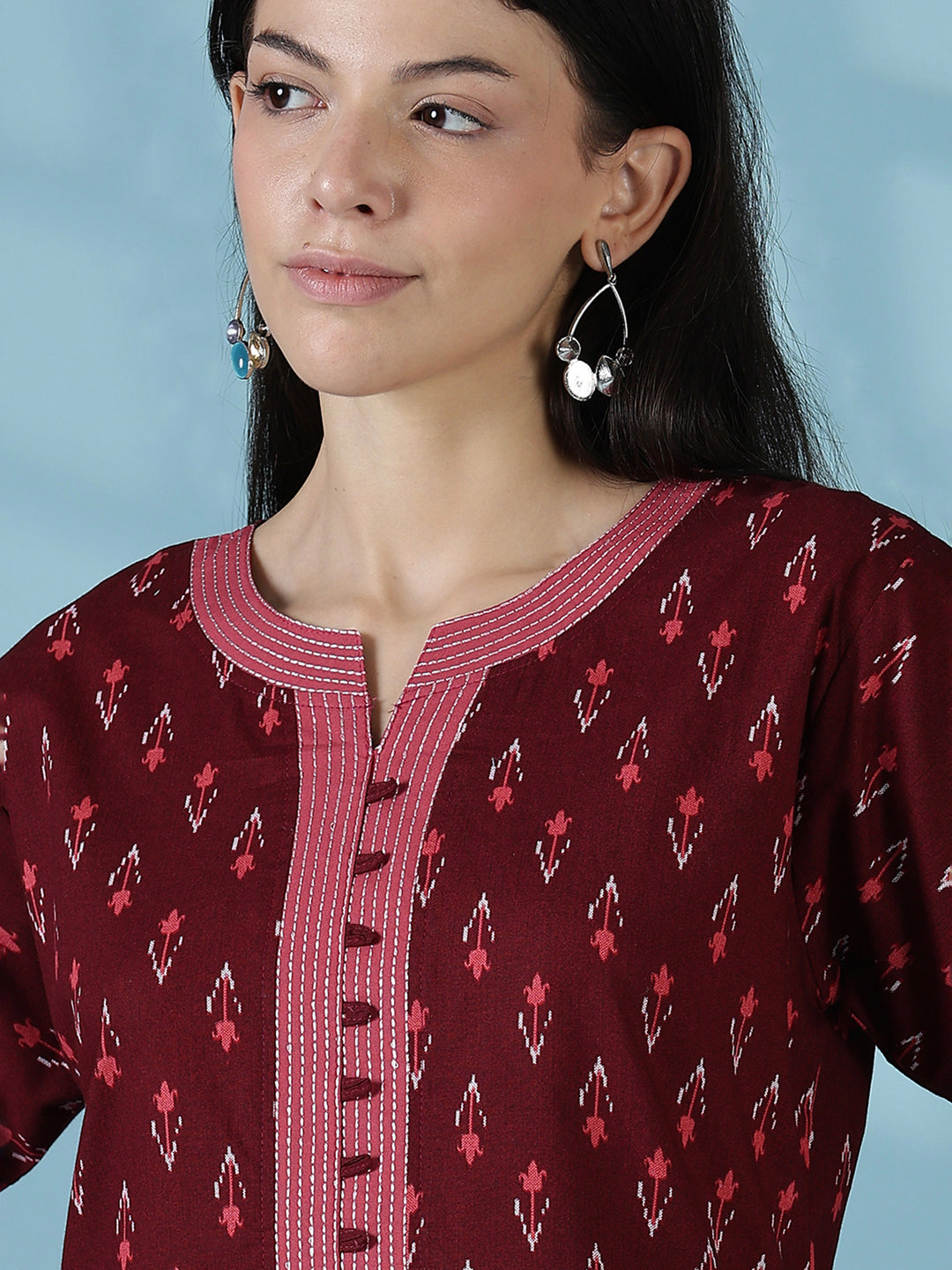 Maroon ikat print comfortable pure cotton nighty for women