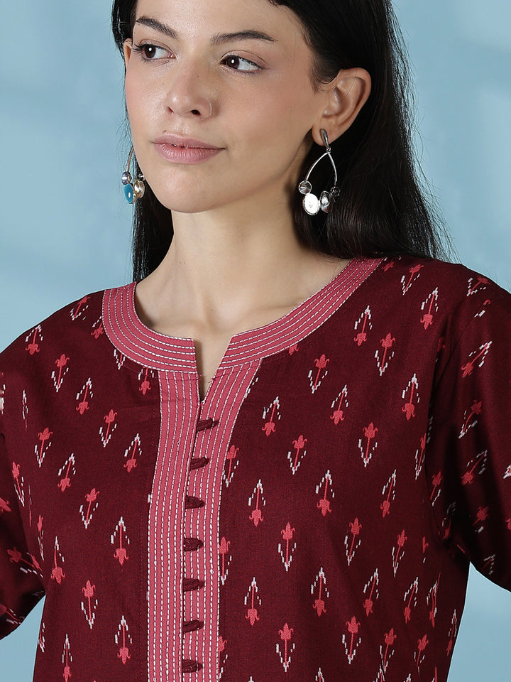 Maroon ikat print comfortable pure cotton nighty for women
