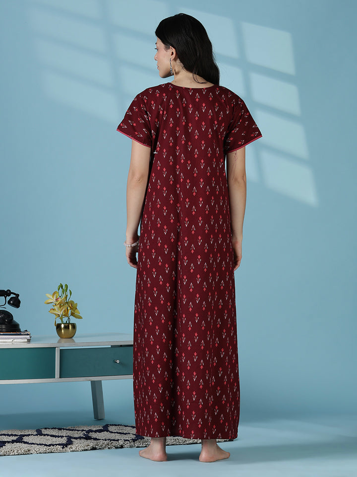Maroon ikat print comfortable pure cotton nighty for women