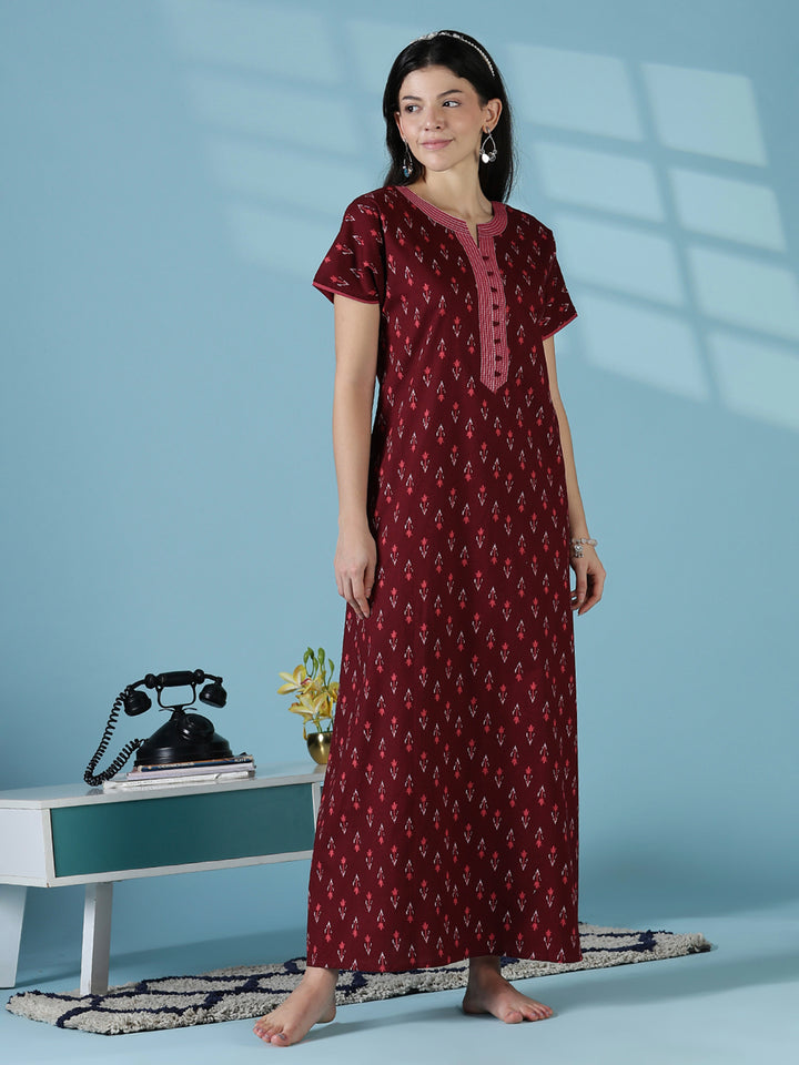Maroon ikat print comfortable pure cotton nighty for women