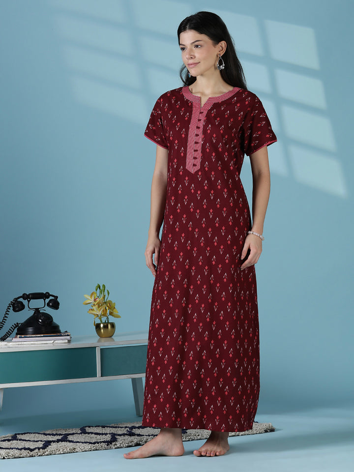 Maroon ikat print comfortable pure cotton nighty for women