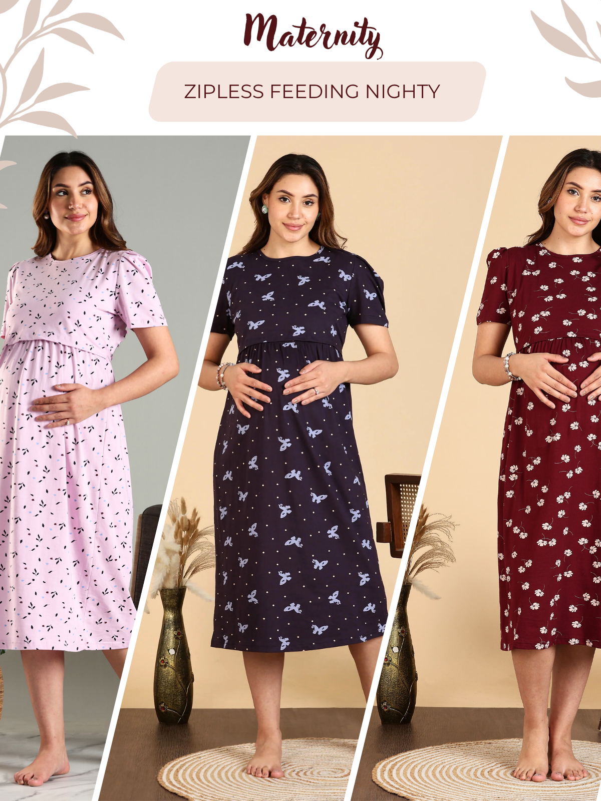 Maternity zipless feeding nighty for women in breathable stretchable fabric with nursing access