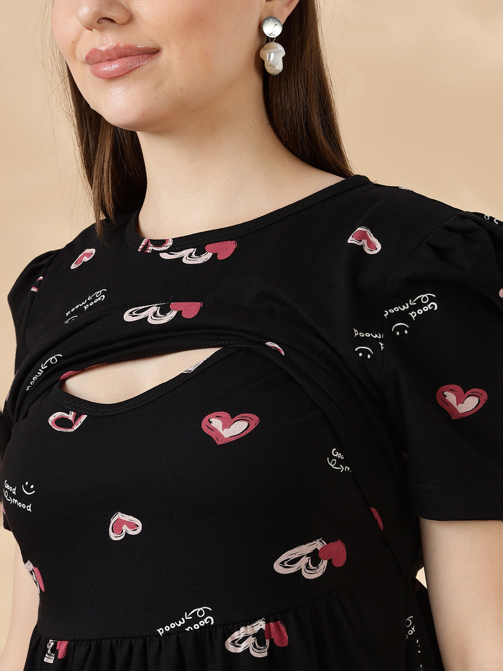 Black blush hearts feeding friendly cozy maternity nighty