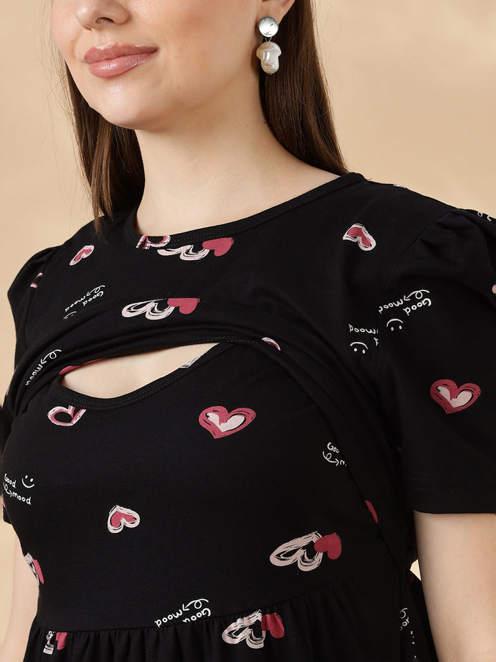 Black blush hearts feeding friendly cozy maternity nighty