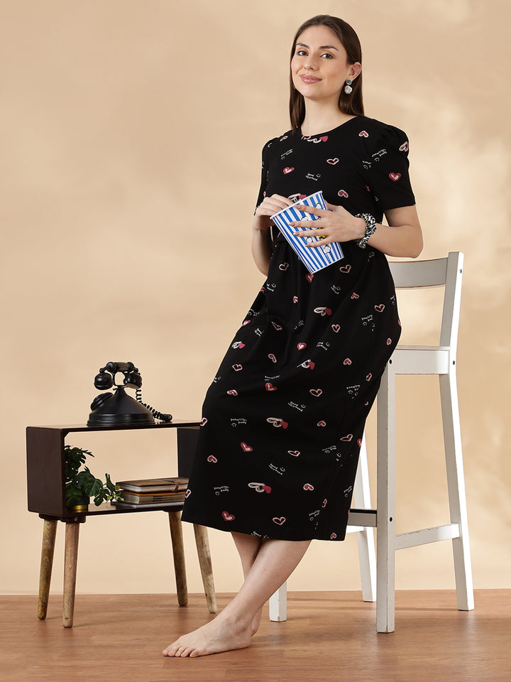 Black blush hearts feeding friendly cozy maternity nighty