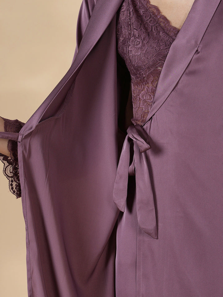 Modern style mauve satin nighty for women with lace robe set