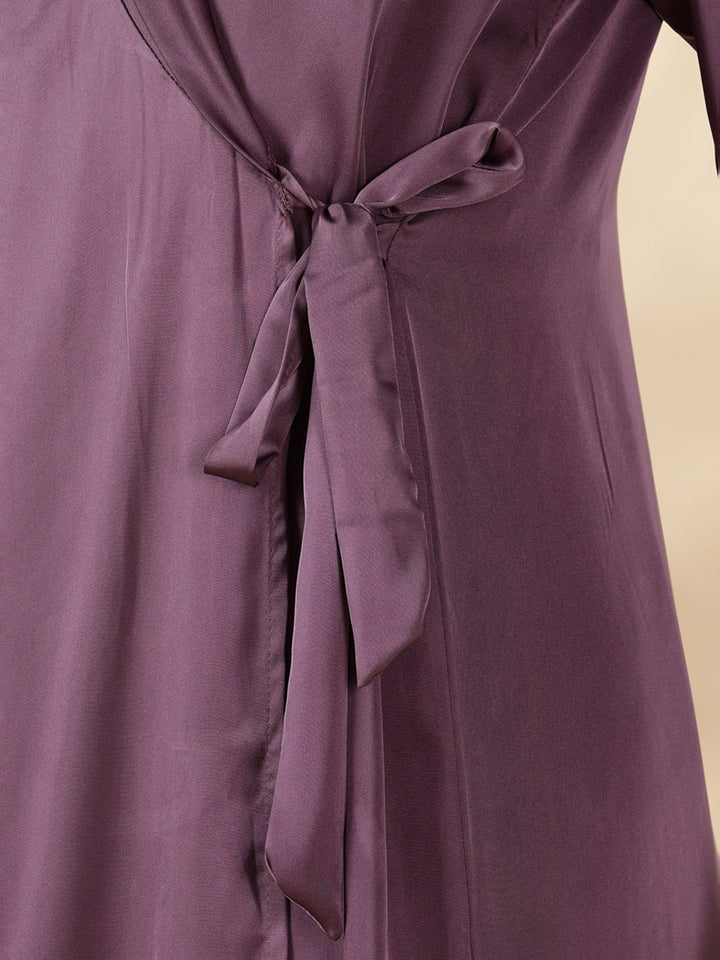 Modern style mauve satin nighty for women with lace robe set