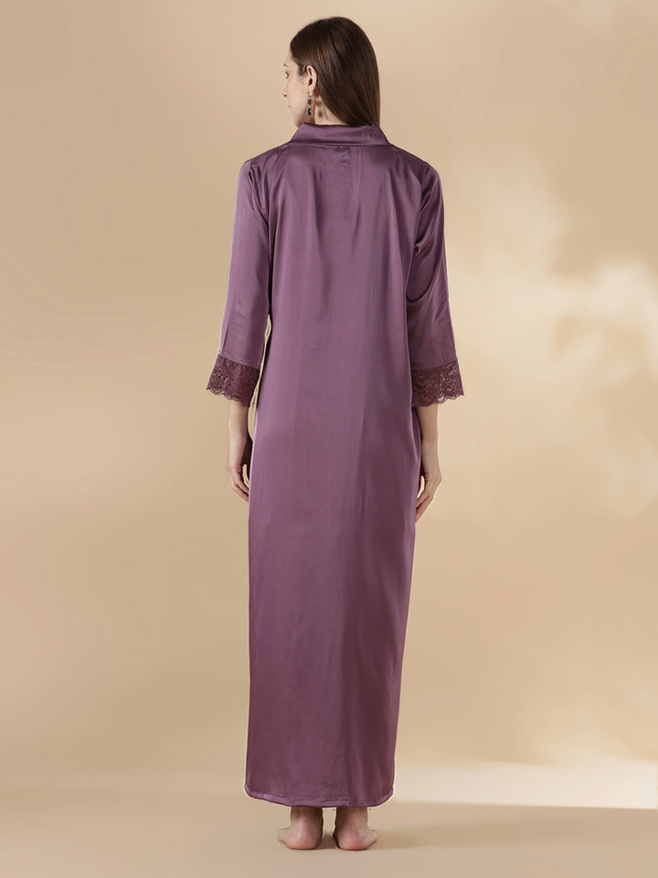 Modern style mauve satin nighty for women with lace robe set