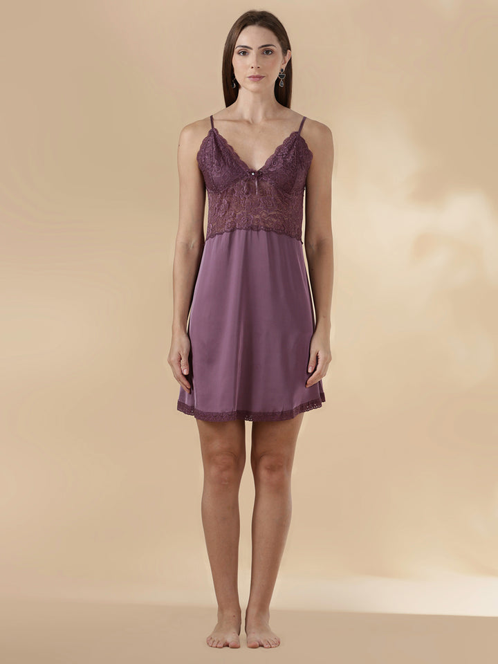 Modern style mauve satin nighty for women with lace robe set