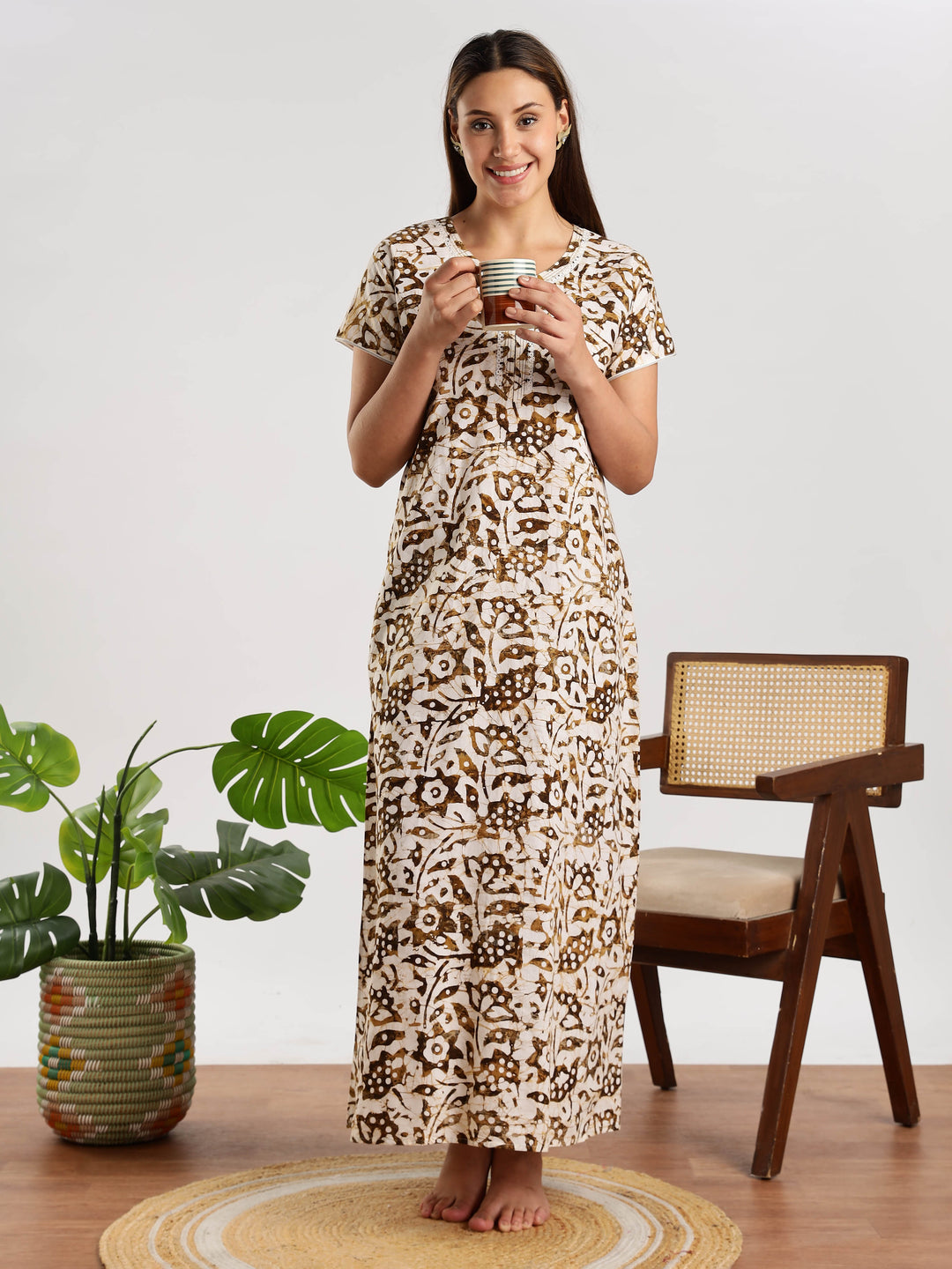 Premium mehendi green batik print summer nighty for women