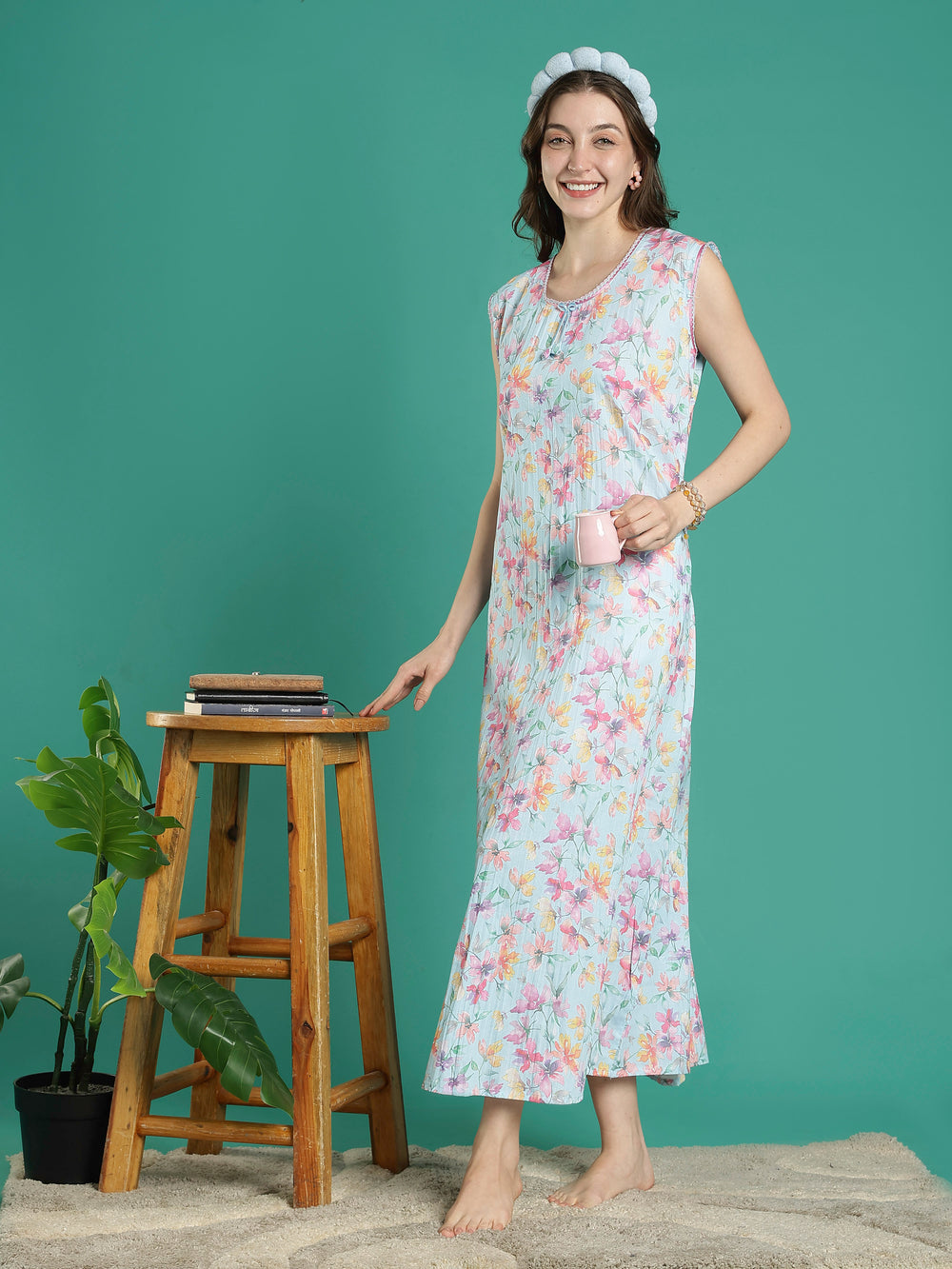Mint floral sleeveless nightdress for ladies For summer