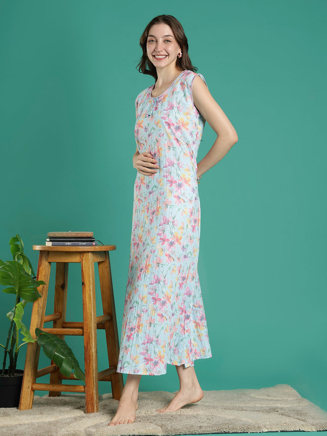 Mint floral sleeveless nightdress for ladies For summer
