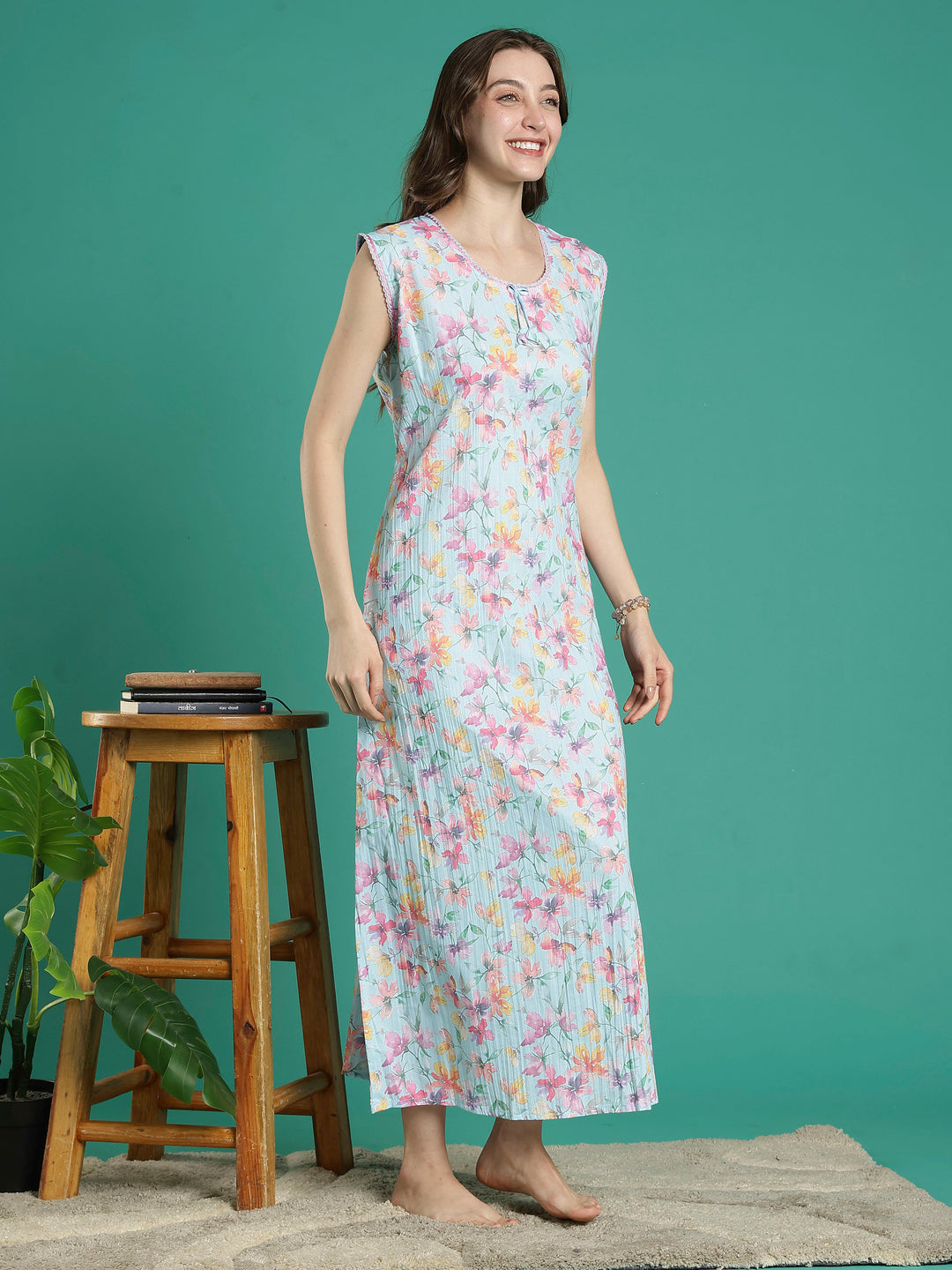 Mint floral sleeveless nightdress for ladies For summer