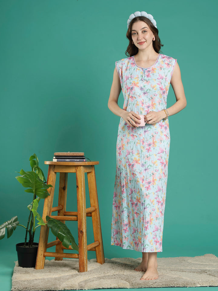 Mint floral sleeveless nightdress for ladies For summer