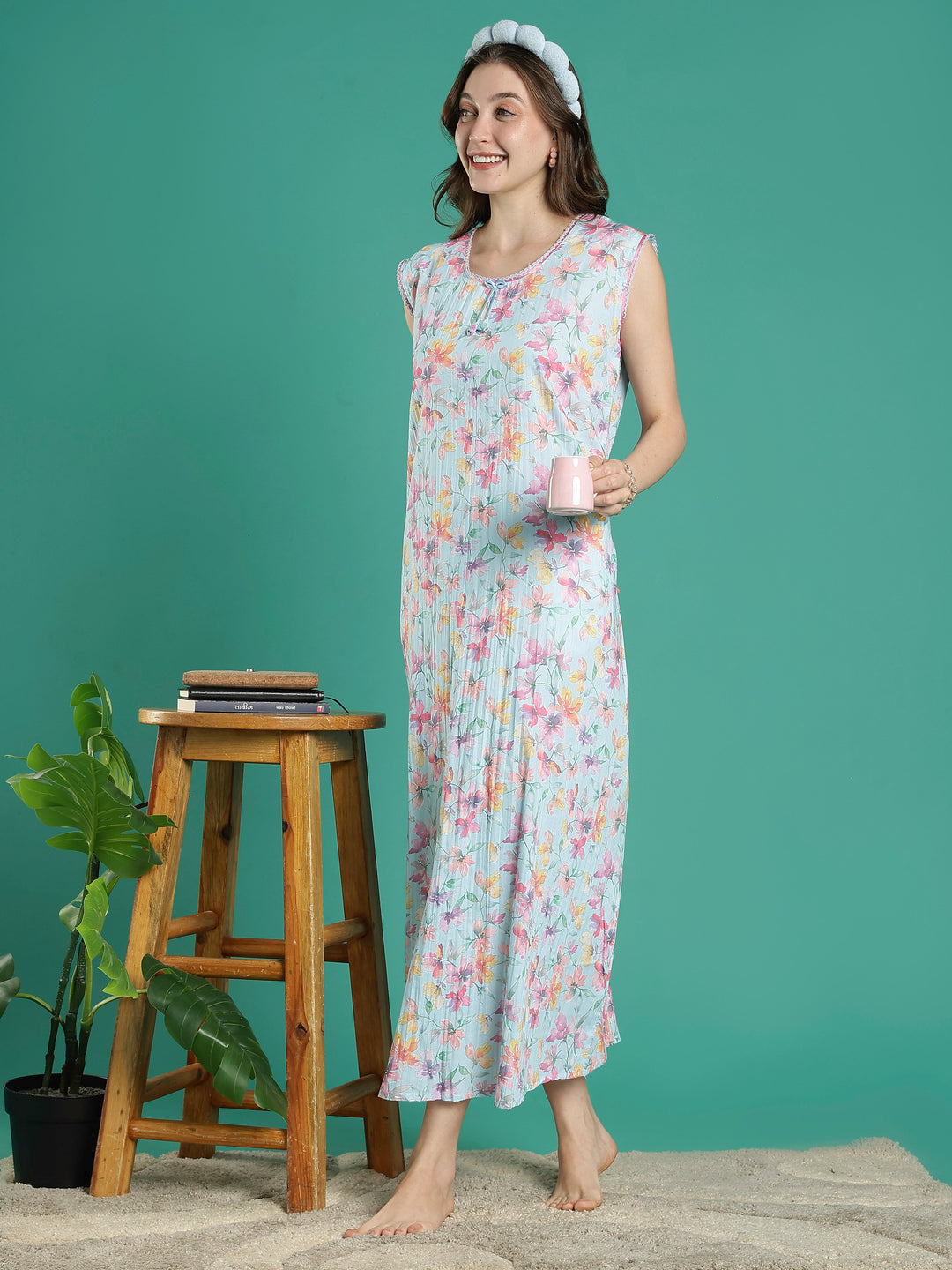 Mint floral sleeveless nightdress for ladies For summer