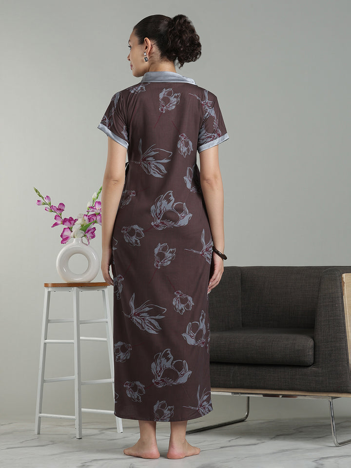 Brown mist viscose blend branded housecoat for women