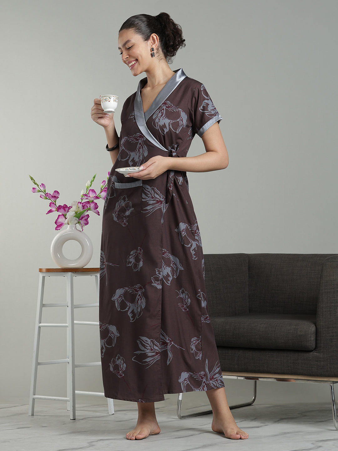 Brown mist viscose blend branded housecoat for women