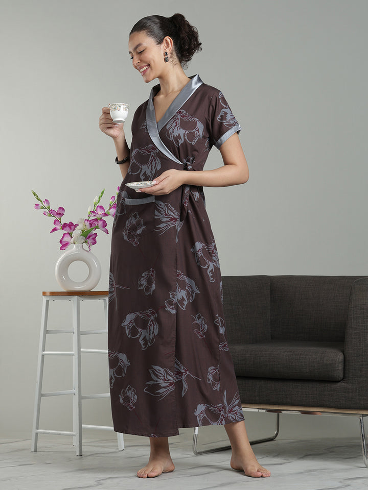 Brown mist viscose blend branded housecoat for women