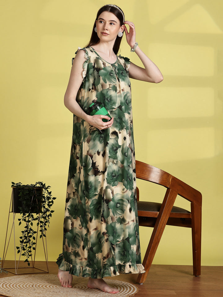 Mist green rayon stylish sleeveless nighty for women