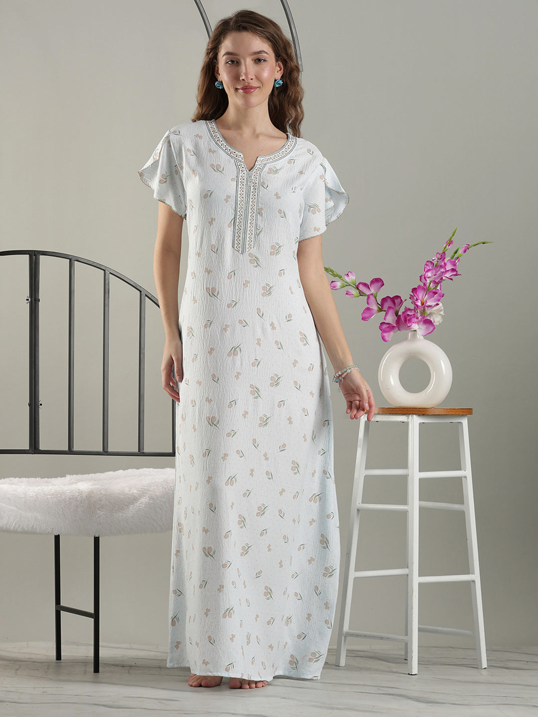 Misty Blue Crush Cotton Tulip Best Fancy Nighty for Women