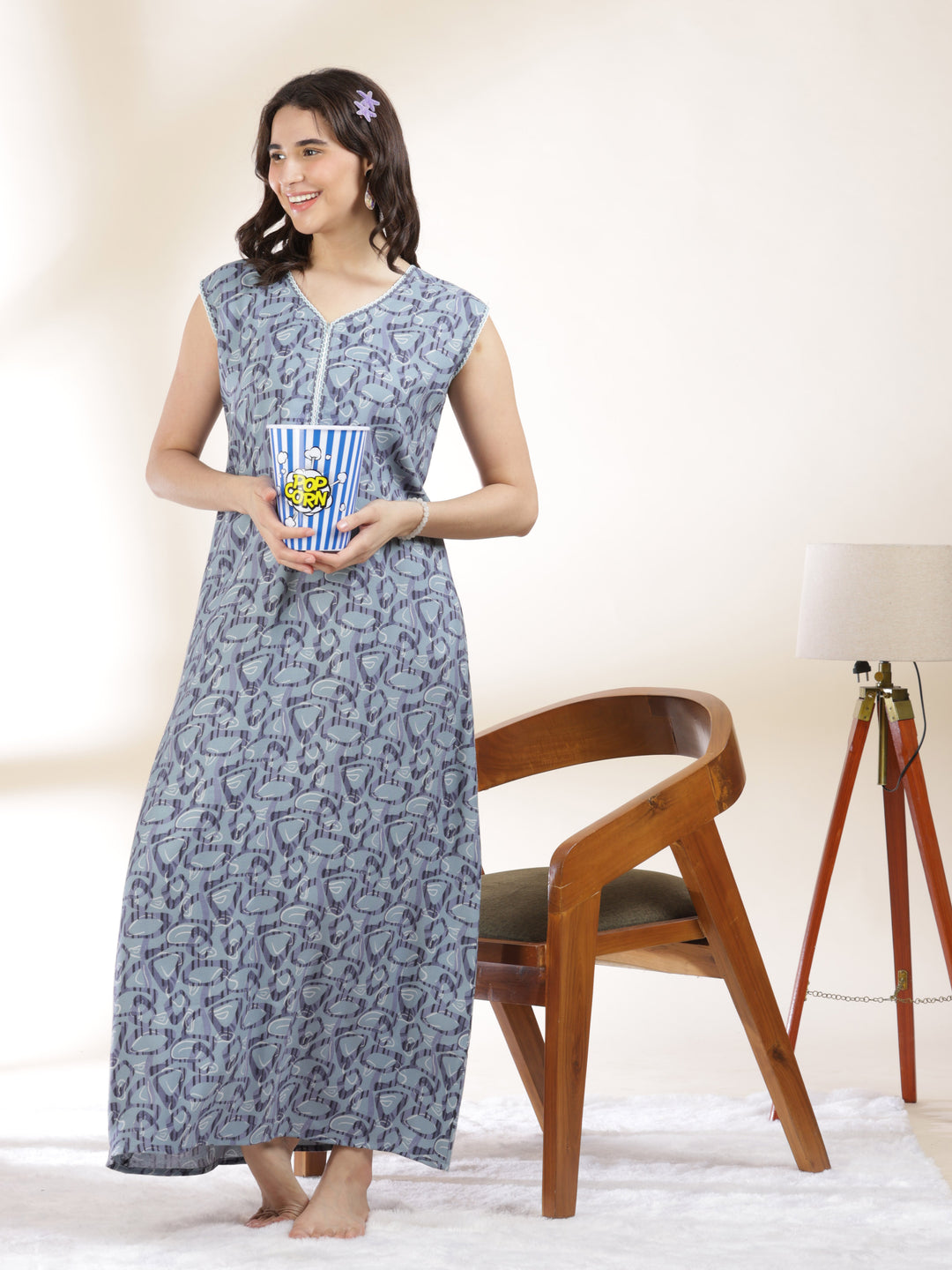 Misty blue cozy sleeveless nighty for women