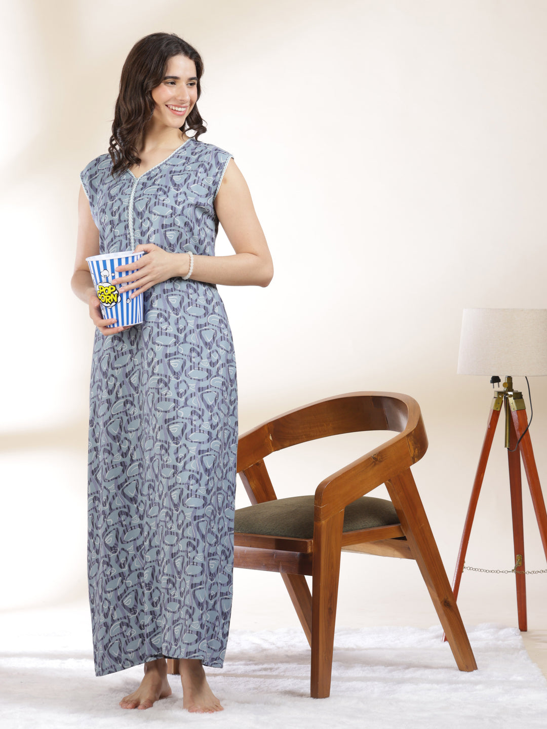 Misty blue cozy sleeveless nighty for women