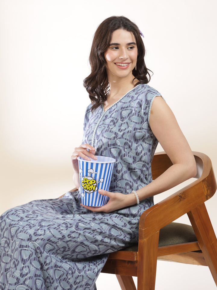 Misty blue cozy sleeveless nighty for women