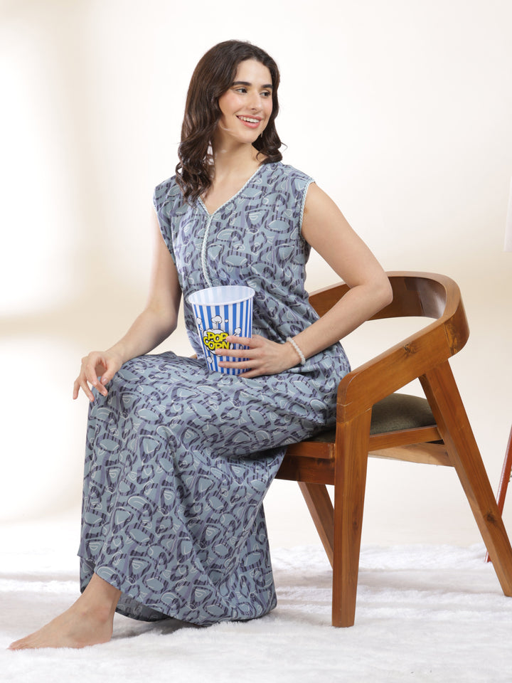 Misty blue cozy sleeveless nighty for women