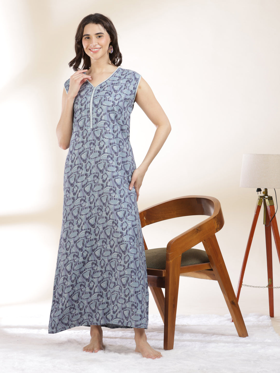 Misty blue cozy sleeveless nighty for women