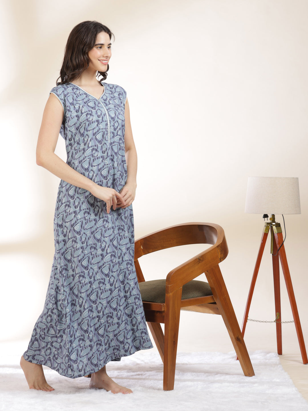 Misty blue cozy sleeveless nighty for women