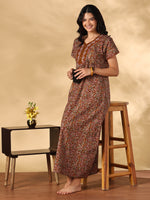 Royal Mustard Floral Embroidered Cotton Nighty