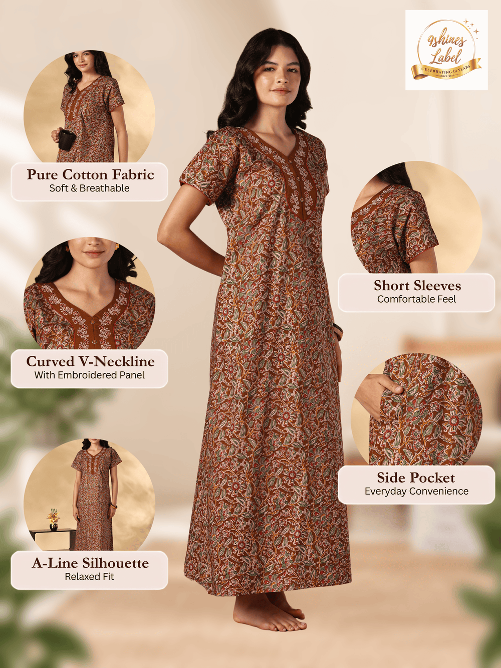 Royal mustard floral pure cotton nighty for women online