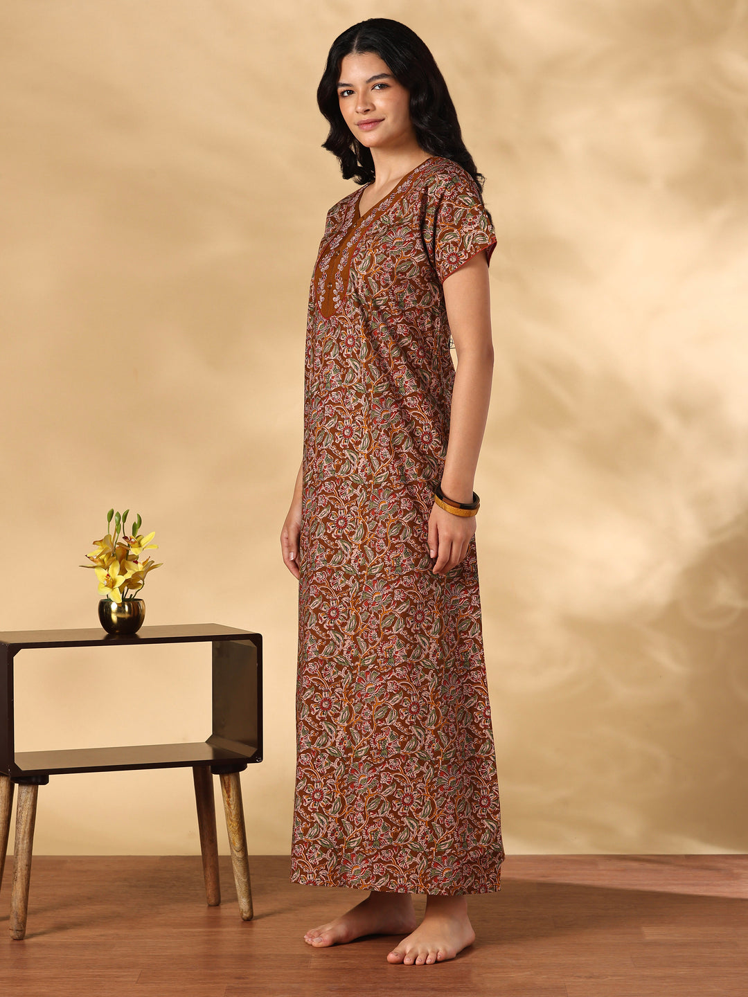 Royal mustard floral pure cotton nighty for women online