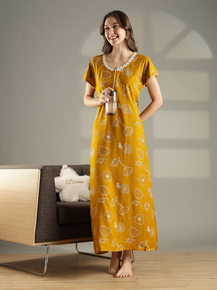 Daisy mustard alpine floral front open nighty for women