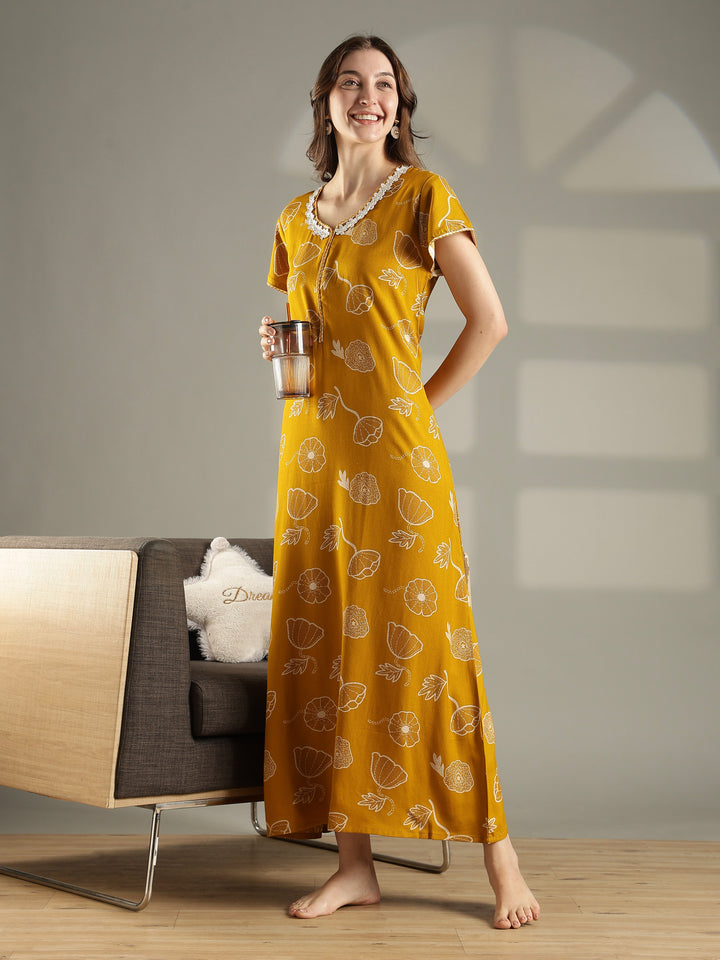 Daisy mustard alpine floral front open nighty for women