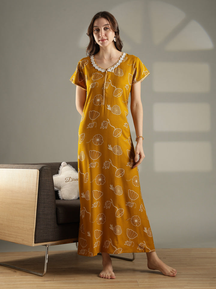 Daisy mustard alpine floral front open nighty for women