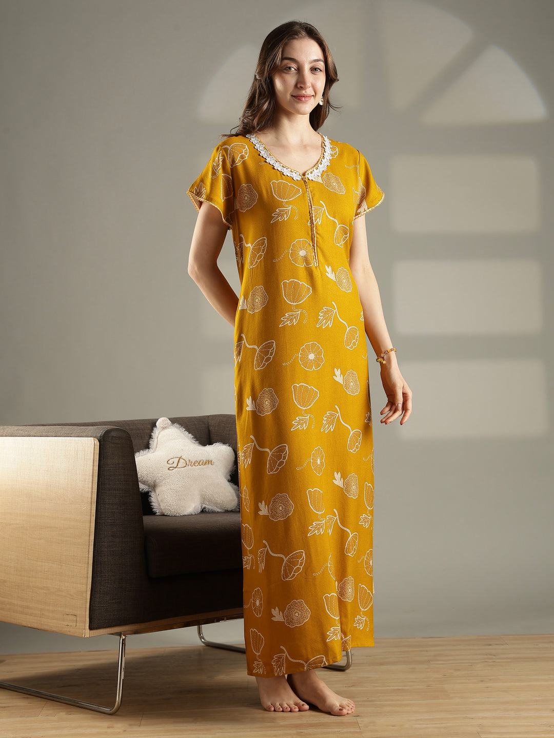 Daisy mustard alpine floral front open nighty for women