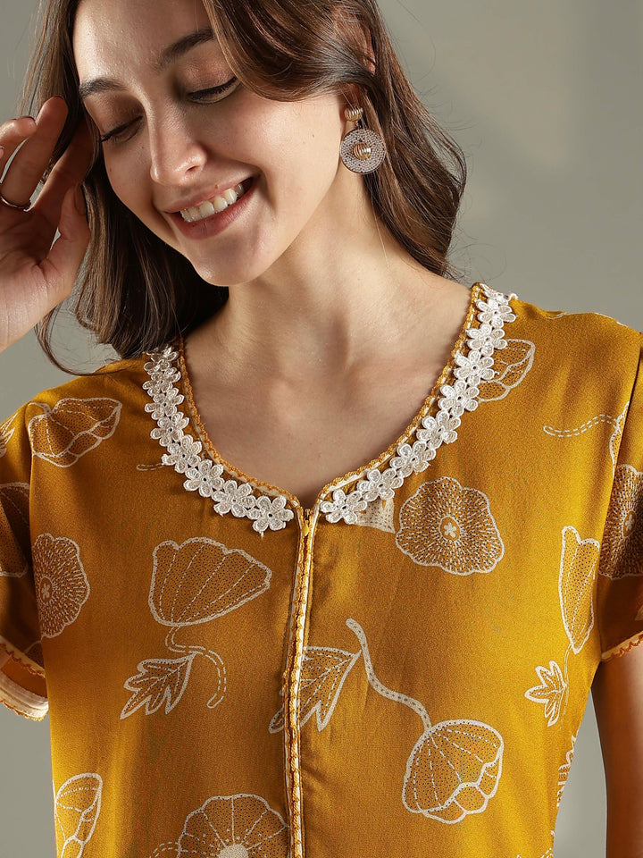 Daisy mustard alpine floral front open nighty for women