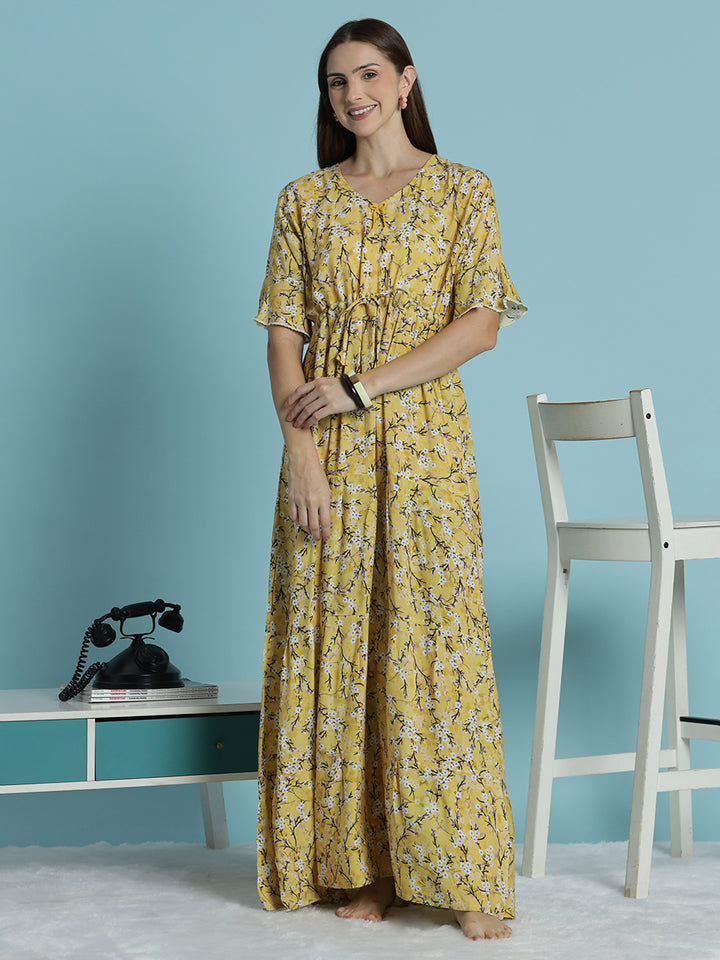 Floral print rayon mustard yellow nighty dress for women